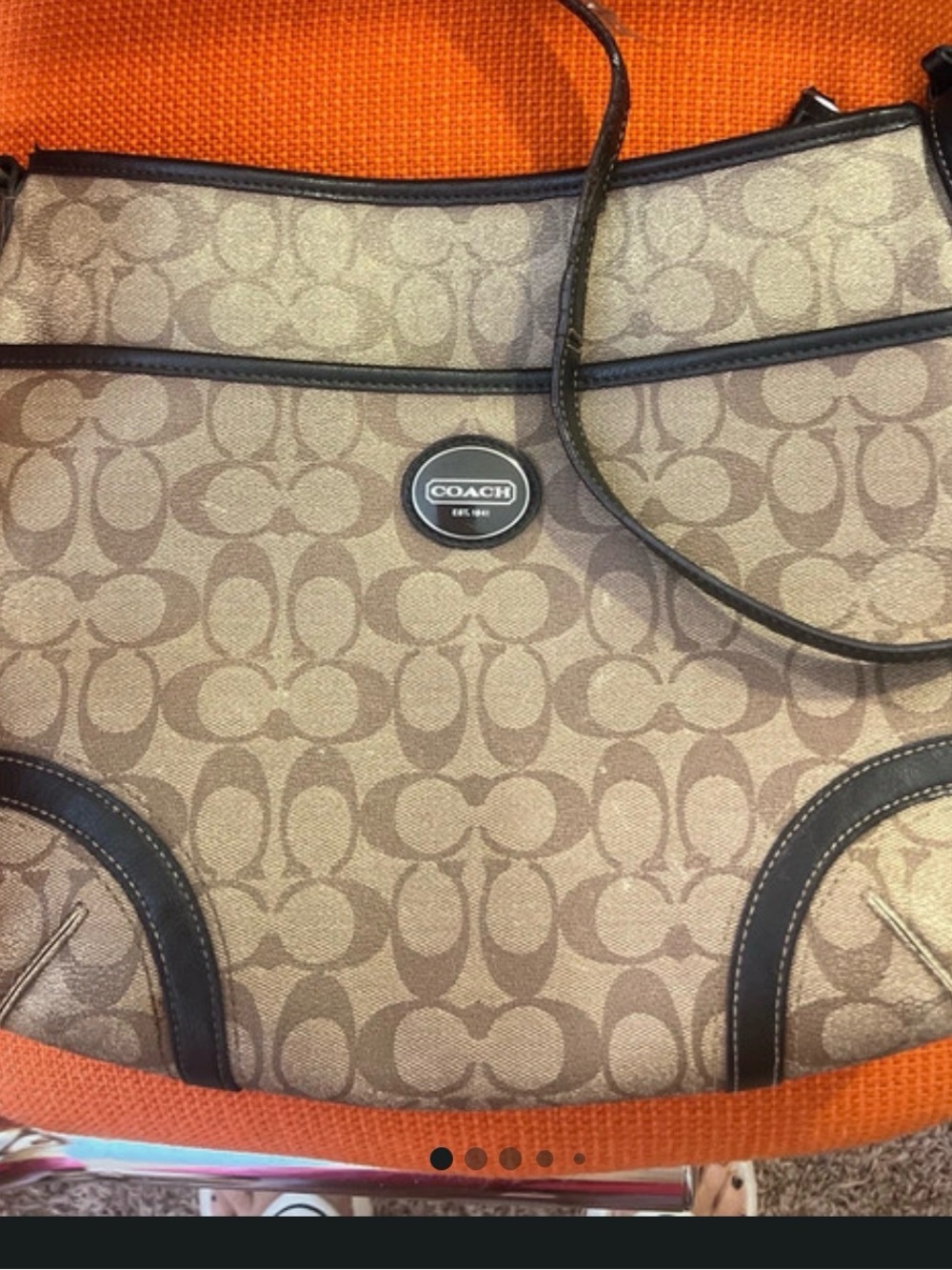 Coach Beige/Brown Signature Canvas Shoulder Tote with Dark Trim
